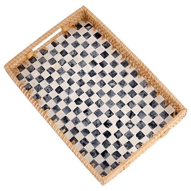 Tynulox Rectangle Rattan Tray with Mother of Pearl Inlay Rattan Serving Tray with Handle for Coffee Bread Fruits Snacks Decorative Wicker Tray for Table Decor Black Checkerboard 139