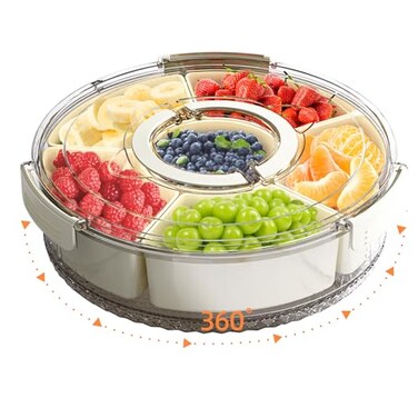 riyeloi Divided Serving Tray with Lid and Handle Stackable Snackle Box Container for Fruits Candy Organizer Portable Spinning Rounded Veggie Tray for Kitchen Party Trave and Picnic1 PACK