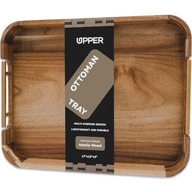 Upper Acacia Wood Ottoman Tray 17x13 Inches with Handles Decorative Serving Tray for Coffee Table Breakfast Tray with AntiSkid Pads
