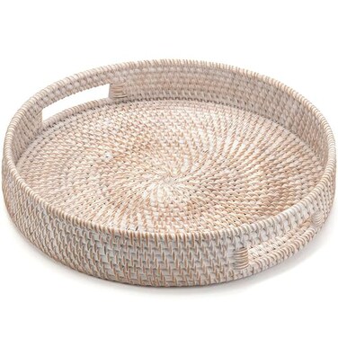 XIMISISE 118 Round Rattan Tray Hand Woven Serving Tray with Handles Wicker Serving Basket Decorative Tray for Home Decor Whitewash