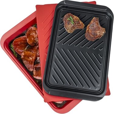 ECOIOU Grilling Prep and Serving Tray with Lid BBQ Deep Tray for Marinating Raw and Cooked Food Melamine Serving Trays for Food Black and Red