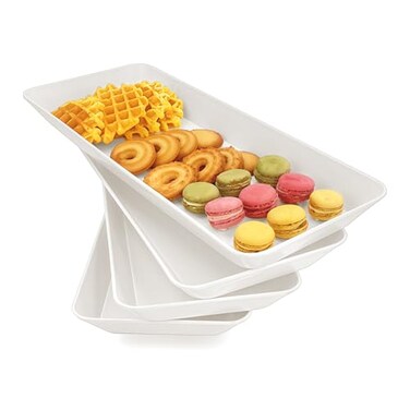 AMGBZT Serving Tray Platter Rectangle 4 Pcs Long Narrow Food Tray for Veggie Fruit Snack Dessert Plastic White Food Trays for Party Supplies Display Rectangular Platters for Serving Food BPA Free