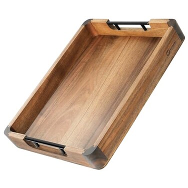 YaTriunfo Wood Serving Tray with Handles 17x13 Large Decorative Ottoman Tray for Coffee Table Walnut and Acacia Wooden Serving Trays for Party Home Decor Rectangular Platters with 3 Silicone Mats
