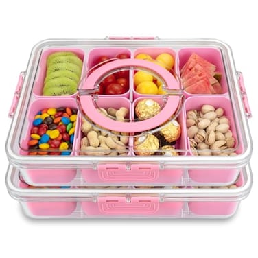 HRXFOZ Divided Serving Tray with Lid and Handle8 Compartments Snacks BoxSnack Fruit TrayVeggie TrayPortable Platter for Candy Fruits Nuts Snack Party Entertaining Picnic 2PCS Pink