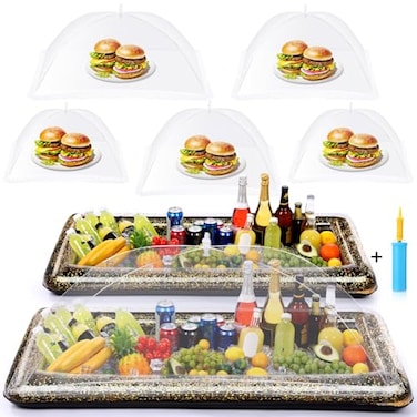 Tiangrid 8 Pcs Glitter Inflatable Serving Bar Kit Includes 2 Salad Buffet Tray with Drain Plug 5 Mesh Food Cover 1 Inflator Inflatable Food Drink Containers for Outdoors Pool Party CampingBlack