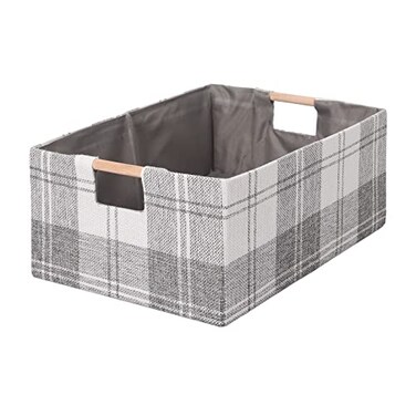 LaMor&Atilde;&copy;e LaMore Fabric Storage Bin Box Collapsible Cotton Linen Storage Cube with Wooden Handles Rectangular Decorative Home Organizer Clothes Blanket Basket Light Gray Plaid Medium