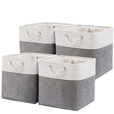 MidmmVick 13 x 13 Inch Cube Storage Bins 4 Pack Large Collapsible Fabric Storage Bin with Ropes Foldable Storage Cubes for Home OfficeCloset Clothes Toys Organizer White Grey
