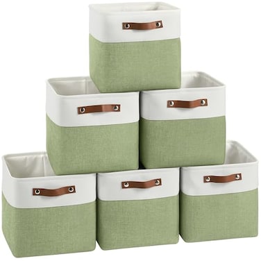 FinishingBo Cube Storage Baskets 6 Pack 11x11 inch Cube Storage Bins with Leather Handles for Shelf Closet White Green