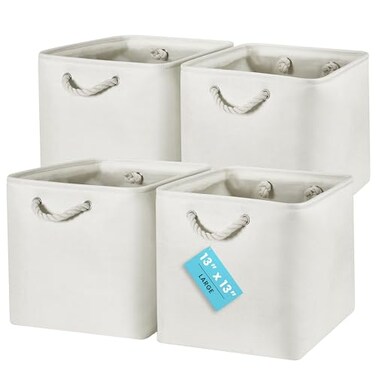 OrganiHaus 13x13 Cube Storage Bins 4 Pack Foldable Cube Storage Organizer w Rope Handles Collapsible Fabric Bins for Toys Clothes Closet Organization Fabric Square Baskets OffWhite