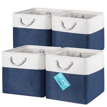 OrganiHaus 13x13 Cube Storage Bins 4 Pack Foldable Cube Storage Organizer w Rope Handles Collapsible Fabric Bins for Toys Clothes Closet Organization Fabric Square Baskets Navy Blue