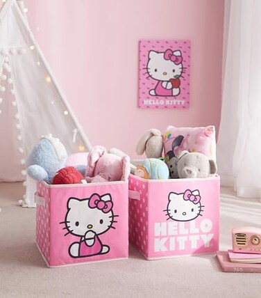 Idea Nuova Hello Kitty Set of 2 Storage Cubes with Handles Durable Foldable Fabric Organizer Bins for Bedroom Closet Nursery Dorm 10x10x10 Inch Cube Storage Baskets for Toys Clothes Shelves
