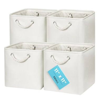OrganiHaus 11x11 Cube Storage Bins 4 Pack Foldable Cube Storage Organizer w Rope Handles Collapsible Fabric Bins for Toys Clothes Closet Organization Fabric Square Baskets OffWhite