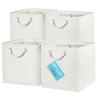 OrganiHaus 12x12 Cube Storage Bins 4 Pack Foldable Cube Storage Organizer w Rope Handles Collapsible Fabric Bins for Toys Clothes Closet Organization Fabric Square Baskets OffWhite