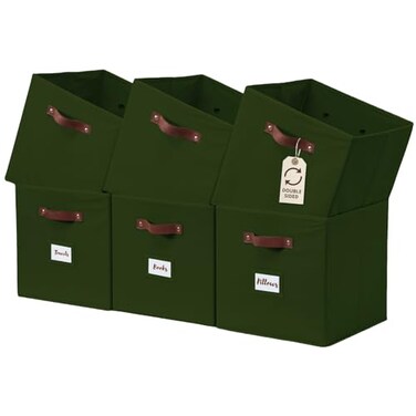DECOMOMO Storage Bins Cube Storage Bin with Labels Fabric Storage Cubes for Shelves 105 x 11 6pcs Olive Green