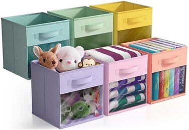 Sorbus 11 Inch Storage Bins with Clear Window 6 Foldable Baskets for Organizing Clothes Toys Books Sturdy Collapsible Fabric Storage Cubes with Handle Storage Baskets for Shelves Closets
