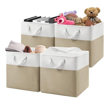 Patvingot 13x13x13 Cube Storage Bins4 Pack Large Foldable Fabric Storage Cubes with Handles for Organizing Home Closet Shelf OfficeWhiteKhaki