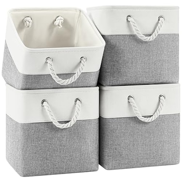 Patvingot 11 Inch Cube Storage Bins 4 Pack Fabric Storage Cubes with Rope Handles Organizer Baskets for Closet Shelves Clothes and Home OrganizationWhiteGray