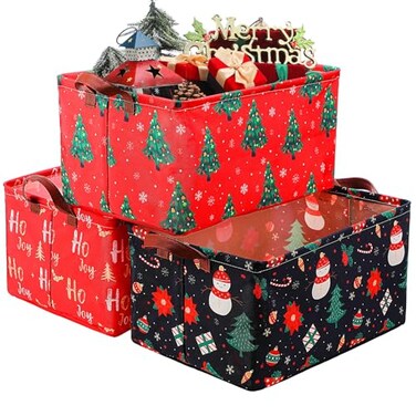 Yoojahow 3 Pack Christmas Storage Baskets Waterproof Canvas with Leather Handles Collapsible Storage Bins Cube Baskets for Closet Clothes Room Decor Gift Basket