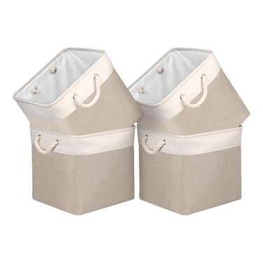 Univivi Fabric Storage Cubes 12 inch Cube Storage Bins with Rope Handles Storage Baskets Cubes Organizer for Home Shelf Closet WhiteBeige Brown 4Pack