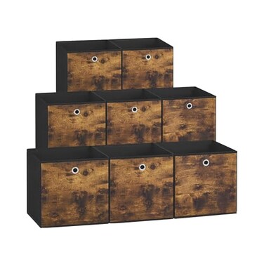 SONGMICS Storage Cubes Set of 8 Storage Bins Foldable Fabric Storage Boxes 102 x 102 x 11 Inches Fit Cube Storage Unit for Clothes Bedroom Living Room Rustic Brown and Ink Black URFB826B01