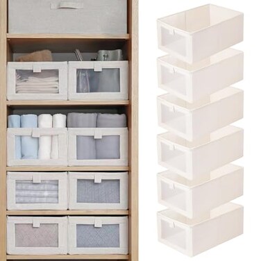 Pradnel Linen Closet Organizers And Storage 6 Pack Closet Storage Bins Linen Closet Baskets for Closet Organization Foldable Closet Organizer Bins with Clear Window For Organizing Clothing Jeans Shelv