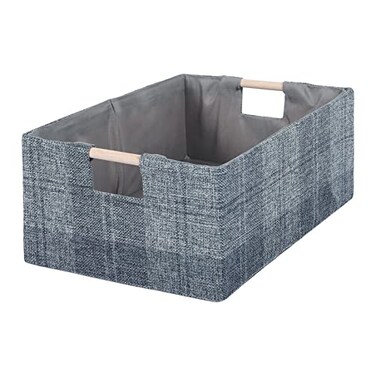 LaMor&Atilde;&copy;e LaMore Fabric Storage Bin Box Collapsible Cotton Linen Storage Cube with Wooden Handles Rectangular Decorative Home Organizer Clothes Blanket Basket Dark Gray Plaid Medium