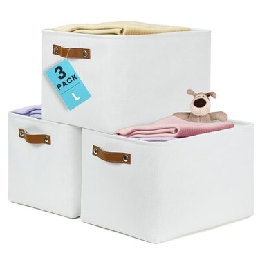 OrganiHaus 15x11in Canvas Storage Baskets 3 Pack LARGE Fabric Bins for Shelves Closet Bedroom Storage Full OffWhite