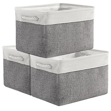 TheWarmHome Organization and Storage Basket for Organizing 3 Pack 16x12x12 inch Cube Storage Bin Fabric Storage Cubes for Organizer Cloth Gift Toy Closet White Grey