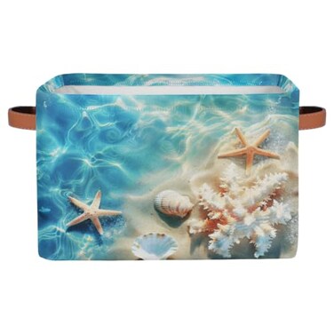 AUUXVA Storage Basket Tropical Sea Beach Starfish Seashell Storage Cube Box Durable Canvas Collapsible Toy Basket Organizer Bin with Handles for Shelf Closet Bedroom Home Office