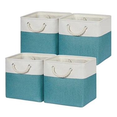 Temary Cubes Storage Baskets 11 Inch Cube Storage Bins 4 Pack Fabric Baskets for Gift Empty Teal Storage Bins for Shelves Collapsible Fabric Storage Cubes Basket for Storage WhiteTeal