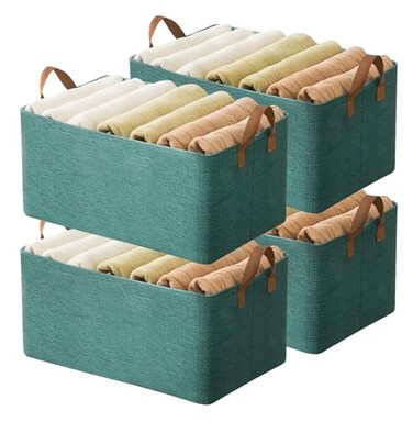 AARAINBOW 4 Pcs Closet Clothes Organizer with Handle Fabric storage Box with Steel Frame Stackable Shelf Storage Baskets Foldable Storage Baskets for Organizing Clothes Jeans 23L 4 Green