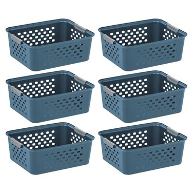 IRIS USA Plastic Storage Basket 6Pack Medium Shelf Basket Storage Organizer for Pantry Cabinet Bedroom Closet Laundry Room EcoFriendly Navy