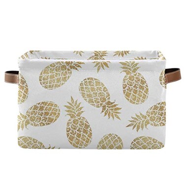 KEEPREAL Large Storage Basket Bin Pineapple Pattern Storage Cube Box Foldable Canvas Fabric Collapsible Organizer with Handles for Home Office Closet