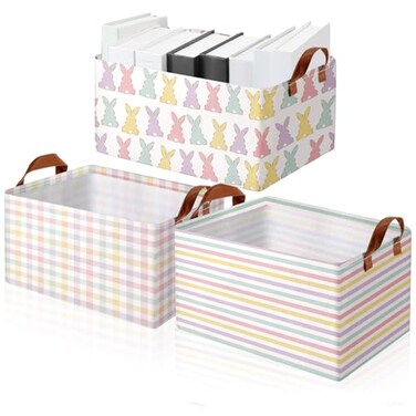 Boao Foldable Storage Baskets Dinosaur Easter Rabbit Classical Flowers Bow Laundry Basket with Handles Waterproof Storage Bins Fabric Shelf Baskets15 x 11 x 8 InchesBunny3 Pcs