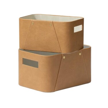 La Jolie Maison Storage Baskets for Organizing 2 Pack Storage Cube Boxes Luxury Brown Vegan Leather for Closet Shelf Cabinet Bookcase Camel