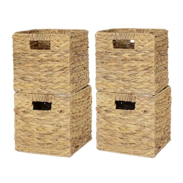 WEAVELYRICS Water Hyacinth Storage Baskets 9in 4 Pack Wicker Storage Cubes with Handles Foldable Natural Woven Baskets for Shelves Closet Bathroom Handmade Organizer Bins