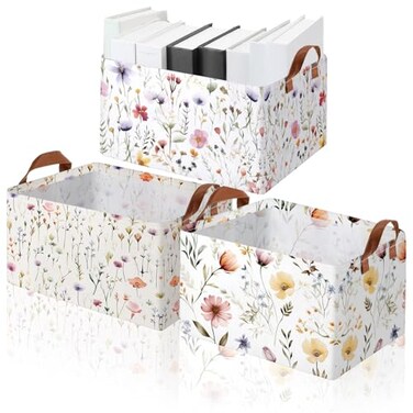 Boao Foldable Storage Baskets Dinosaur Easter Rabbit Classical Flowers Bow Laundry Basket with Handles Waterproof Storage Bins Fabric Shelf Baskets15 x 11 x 8 InchesWildflowers3 Pcs