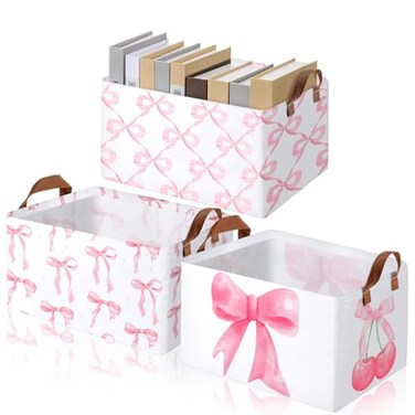 Boao Foldable Storage Baskets Dinosaur Easter Rabbit Classical Flowers Bow Laundry Basket with Handles Waterproof Storage Bins Fabric Shelf Baskets15 x 11 x 8 InchesBow and Cherry3 Pcs