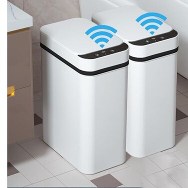 Yatmung 2 Pack 25 Gallon Smart Trash Can Sensor Motion Slim Touchless Bathroom Trash Can Skinny Trash Bin with Lid Electric Narrow Plastic Auto Open Small Automatic Garbage Can White