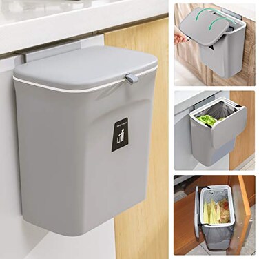 Tiyafuro 24 Gallon Kitchen Compost Bin for Counter Top or Under Sink Hanging Small Trash Can with Lid for CupboardBathroomBedroomOfficeCamping Mountable Indoor Compost Bucket Gray