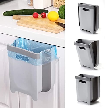 Auhafaly Hanging Collapsible Trash Can 9L Wall Mounted Foldable Waste Bin for Kitchen Cabinet Door Quickly Clean Counter Sink Bathroom RV Car Camping Folding Garbage Basket Gray