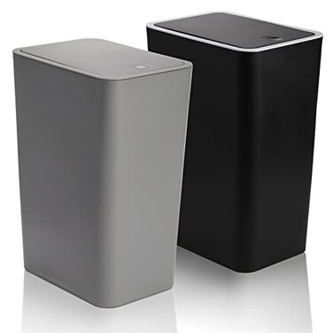 Fasmov Trash Can 2 Pack 15 Liter 4 Gallon Plastic Garbage Container Bin with Press Top Lid Waste Basket for Kitchen Bathroom Living Room Office Narrow Place Gray Black