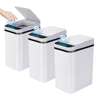 SHTALHST 3 Pack Bathroom Trash Can with Lid 25 Gallon Small Slim Trashcan Automatic Trash Can Touchless Motion Sensor Waterproof Plastic Trash Bin for Bedroom Kitchen Office Living Room White