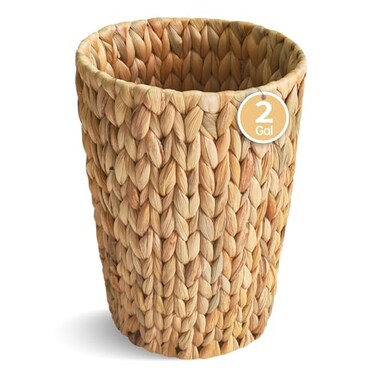 Coeusy Wicker Trash CanSmall Bathroom Trash CanWater Hyacinth Wicker Waste Basket for BathroomBoho Waste Basket for BedroomHome OfficeCompact Spaces2 Gallon Round
