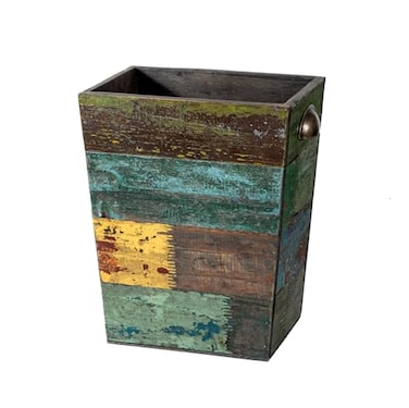 TIMRIS Small Wood Trash Can Wastebasket Farmhouse Rectangular Garbage Can Waste Basket Rustic Distressed Boho Wooden Trash Recycling Bin with Metal Handles Reclaimed Wood Storage Basket Random