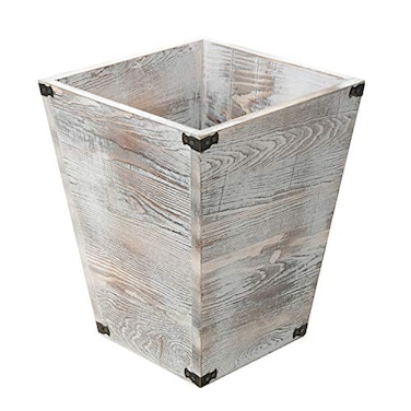 ExoLiry Rustic Whitewashed Torched Wood Square Waste Basket Recycle Bin Trash Can Decorative Metal Brackets Whitewashed Wooden Garbage Container Ash Holder Bedroom Living Room Home Office