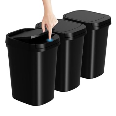 KSSKSS 3 Pack Bathroom Small Trash Can with Lid 26 Gallon Slim Garbage Bin with PopUp Lid 10L Plastic Wastebasket for Bedroom Office Kitchen Toilet Black