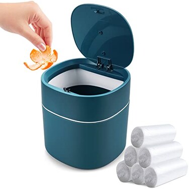 Business King Mini Desk Trash Can with Lid with Trash Bags 180 pcs PressTop 05 Gallon Tiny Countertop Waste Basket Small Table Top Plastic Covered Garbage Bin for Desk Top Blue
