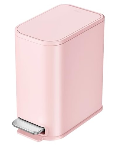 Cesun Small Bathroom Trash Can with Lid Soft Close Step Pedal 5 Liter 13 Gallon Stainless Steel Garbage Can with Removable Inner Bucket Waste Basket for Bathroom Bedroom Pink