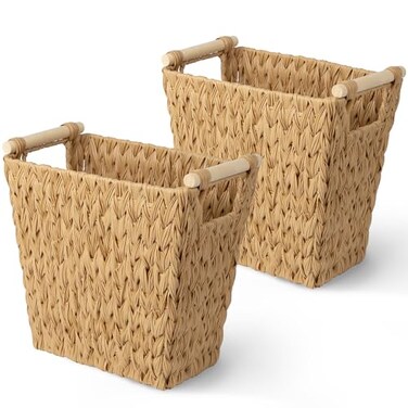 GRANNY SAYS Bathroom Wastebasket Wicker Trash Can with Handles Waterproof Bathroom Trash Decorative Wastebasket for Bedroom 2Pack